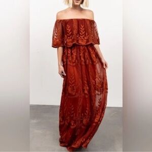 Baltic Born Leon Maxi Dress in Rust, Size XS, Lace Off Shoulder Boho Wedding NWT